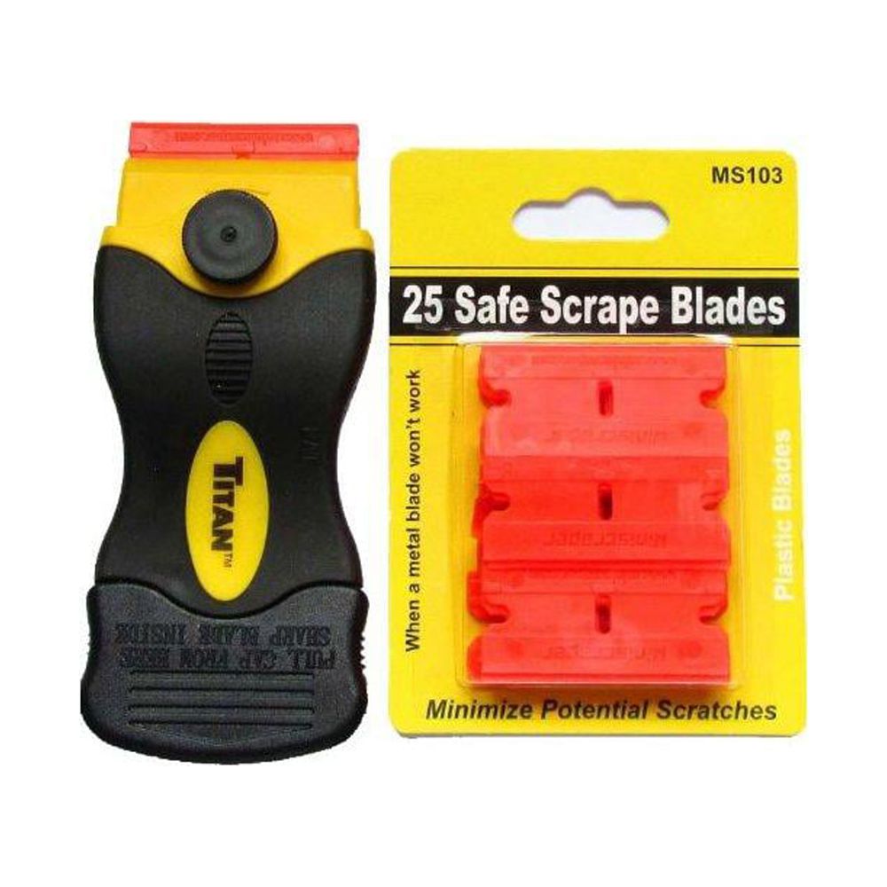 Miniscraper 25 Plastic Razor Blades and Titan Scraper Counter Cleaner,  Decal, Label Remover 